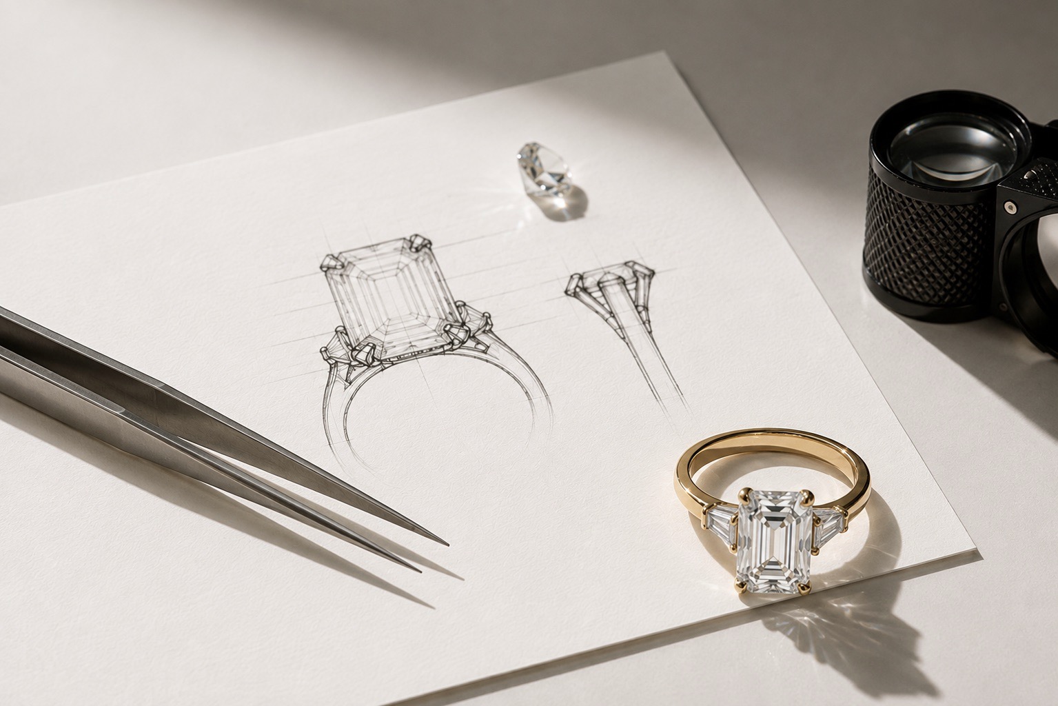 A ring design sketch beside the finished piece